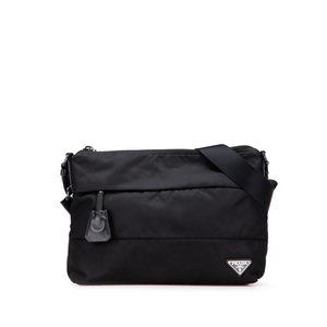 Prada Triangle Logo Plate Crossbody Shoulder Bag Black Nylon Leather Women's ...